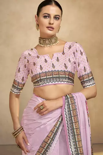 graceful ethnic purple color bollywood style crepe silk blend designer digital foil printed saree