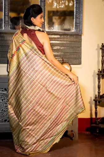beige woven katan silk blend kantha work all seasons sarees
