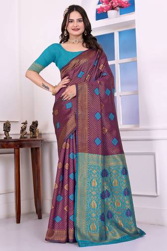 purple color festive special traditional art silk woven designer saree