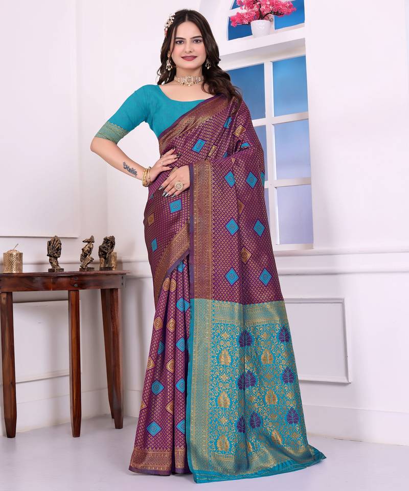 purple color festive special traditional art silk woven designer saree