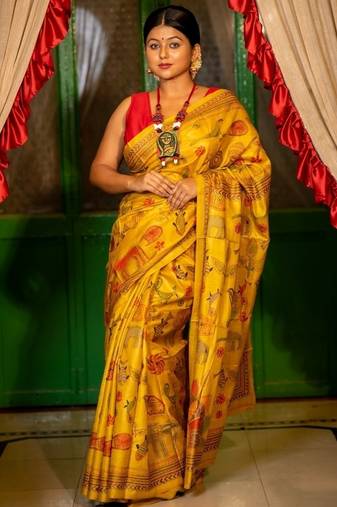 yellow hand woven tussar kantha work all seasons sarees