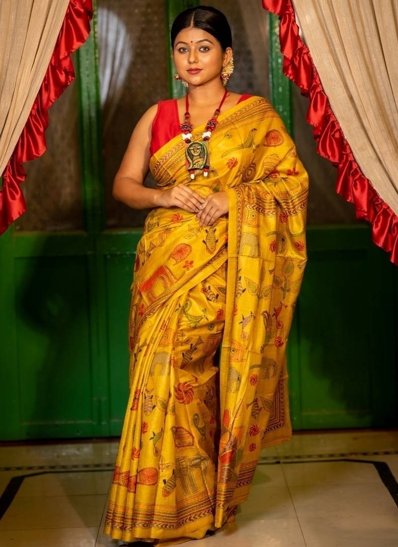 yellow hand woven tussar kantha work all seasons sarees