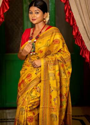 yellow hand woven tussar kantha work all seasons sarees 2