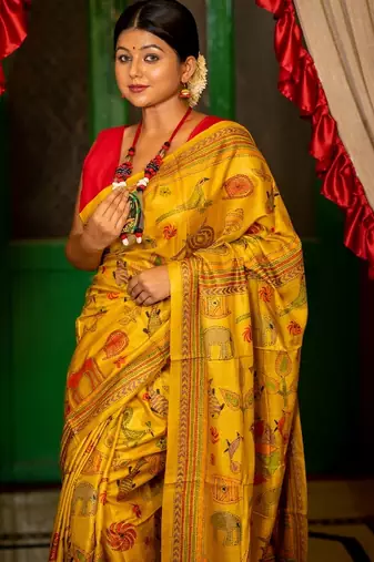 yellow hand woven tussar kantha work all seasons sarees