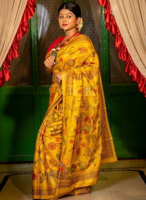 yellow hand woven tussar kantha work all seasons sarees 3