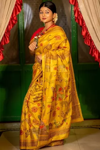 yellow hand woven tussar kantha work all seasons sarees