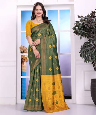 green festive special traditional art silk blend woven saree 1
