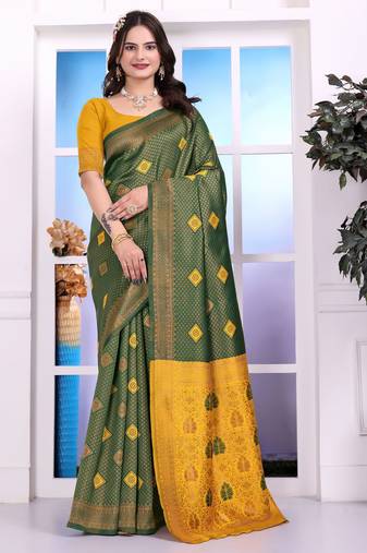 green color festive special traditional art silk woven designer saree
