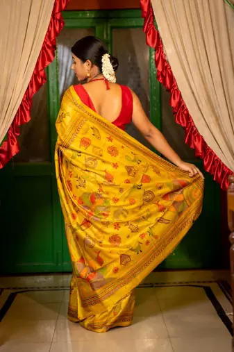 yellow hand woven tussar kantha work all seasons sarees