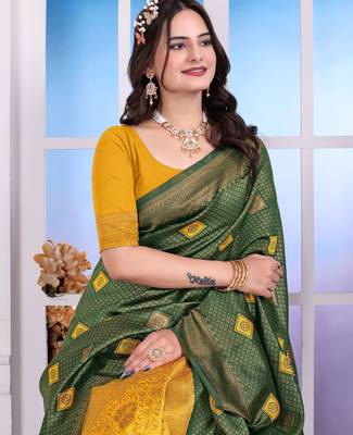green festive special traditional art silk blend woven saree 3