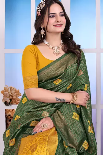 green festive special traditional art silk blend woven saree