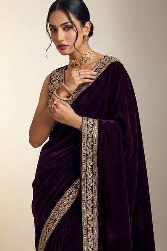 Purple Color Plain With Embroidery And Sequins Work Viscose Velvet Saree