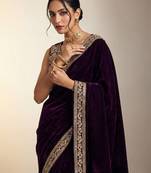 Purple Color Plain With Embroidery And Sequins Work Viscose Velvet Saree