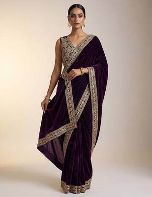 Purple Color Plain With Embroidery And Sequins Work Viscose Velvet Saree 2