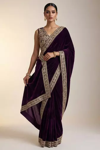 Purple Color Plain With Embroidery And Sequins Work Viscose Velvet Saree