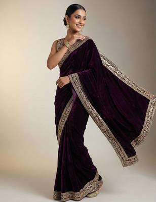 Purple Color Plain With Embroidery And Sequins Work Viscose Velvet Saree 3