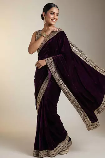 Purple Color Plain With Embroidery And Sequins Work Viscose Velvet Saree