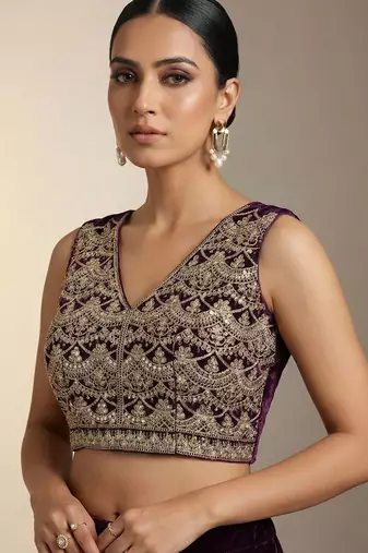 Purple Color Plain With Embroidery And Sequins Work Viscose Velvet Saree