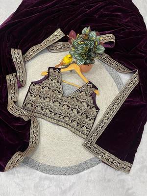 Purple Color Plain With Embroidery And Sequins Work Viscose Velvet Saree 5