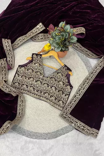 Purple Color Plain With Embroidery And Sequins Work Viscose Velvet Saree