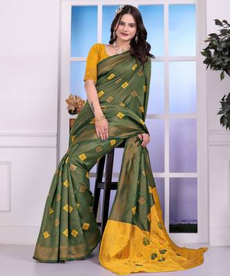 green festive special traditional art silk blend woven saree 4