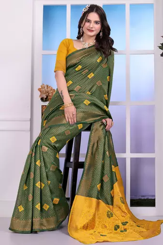 green festive special traditional art silk blend woven saree