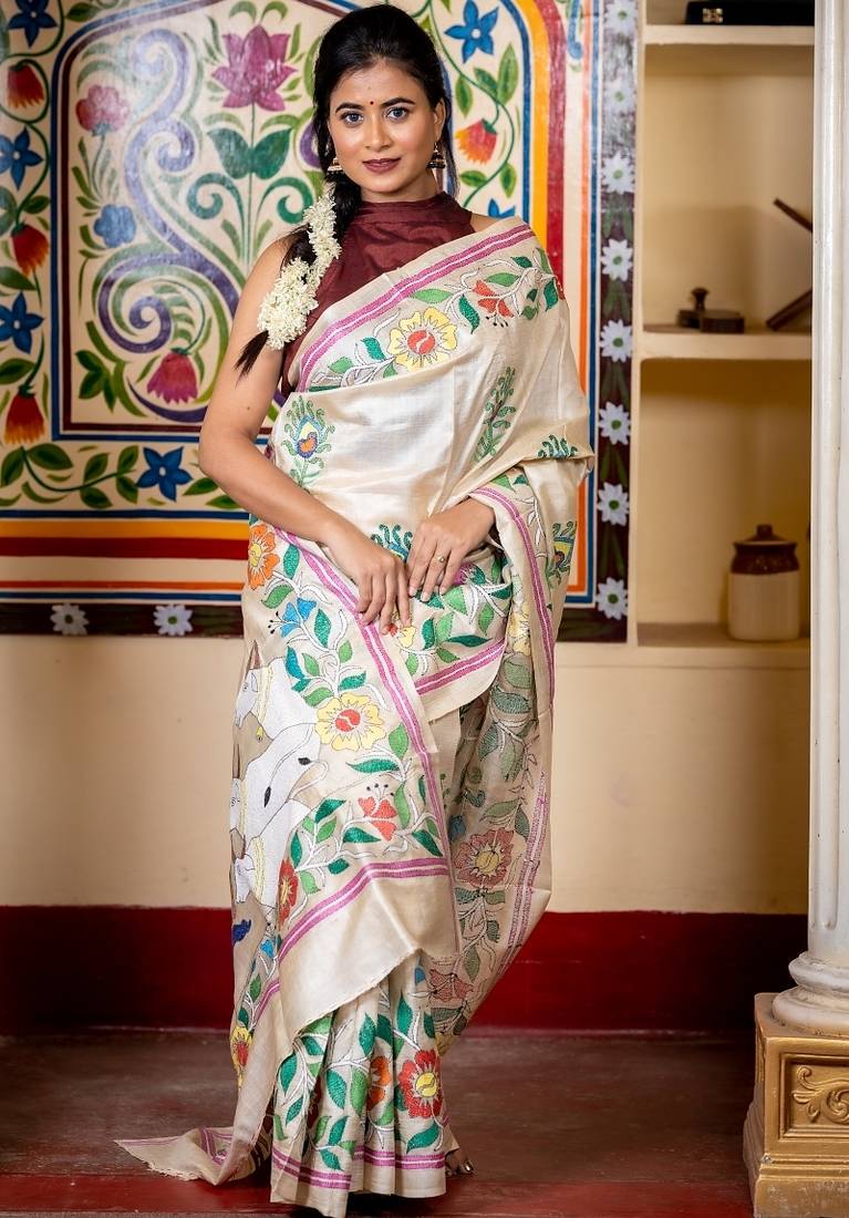 beige hand woven tussar kantha work all seasons sarees