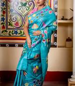 blue hand woven tussar kantha work all seasons sarees