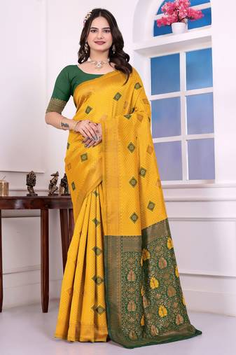 yellow color festive special traditional art silk woven designer saree