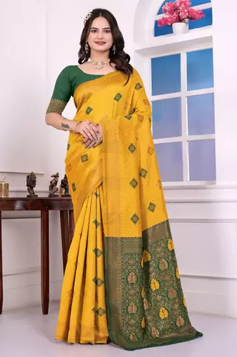 yellow color festive special traditional art silk woven designer saree