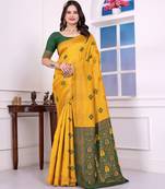 yellow color festive special traditional art silk woven designer saree