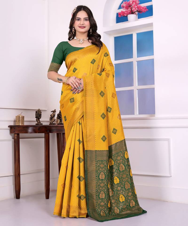 yellow color festive special traditional art silk woven designer saree