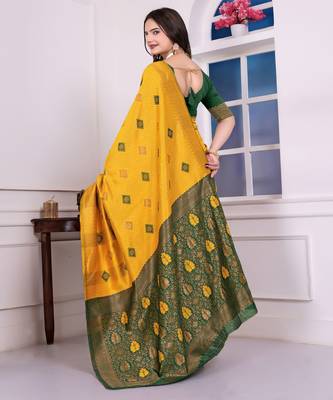 yellow festive special traditional art silk blend woven saree 2
