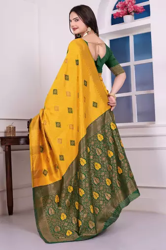 yellow festive special traditional art silk blend woven saree