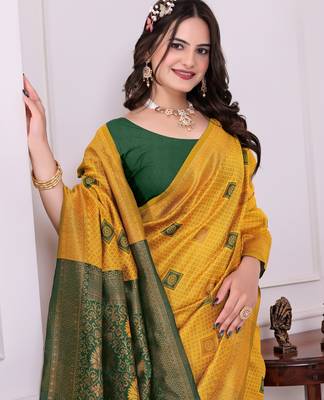 yellow festive special traditional art silk blend woven saree 3