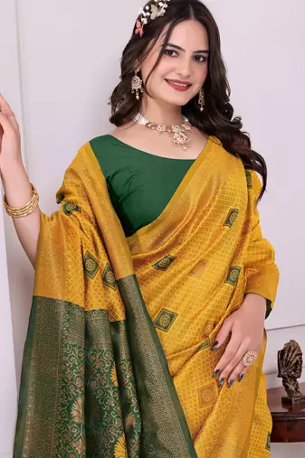 yellow festive special traditional art silk blend woven saree
