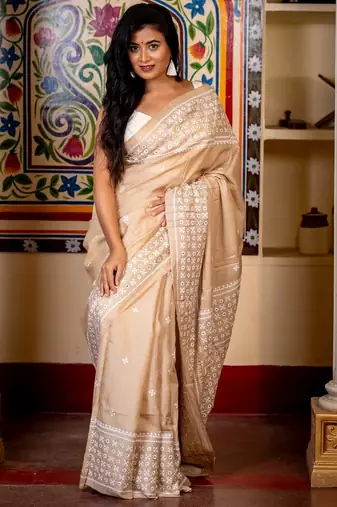 beige hand woven tussar mirror work all seasons sarees
