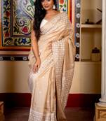 beige hand woven tussar mirror work all seasons sarees