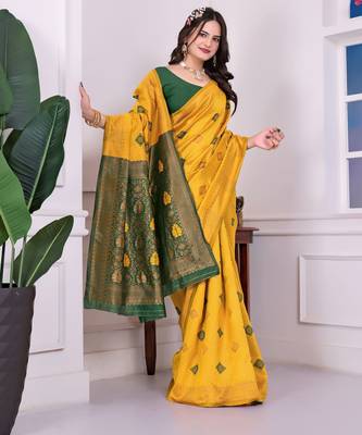 yellow festive special traditional art silk blend woven saree 4
