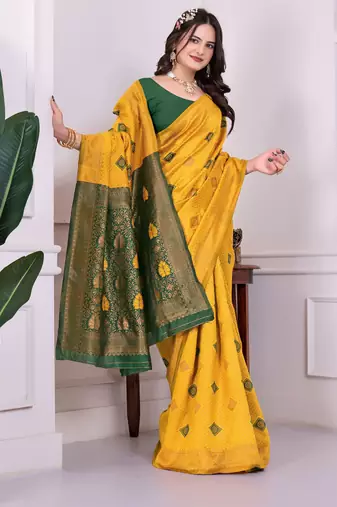 yellow festive special traditional art silk blend woven saree