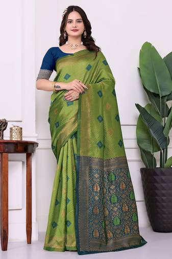 mahendi color festive special traditional art silk woven designer saree