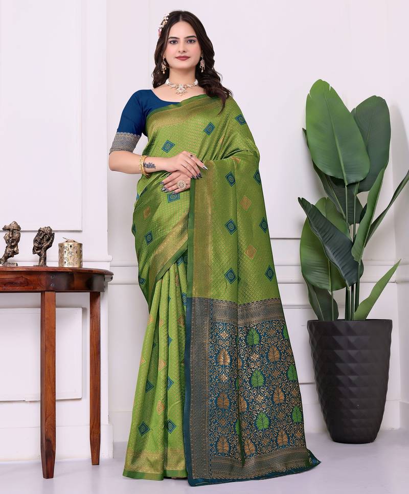 mahendi color festive special traditional art silk woven designer saree
