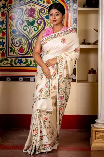 off white hand woven tussar kantha work all seasons sarees