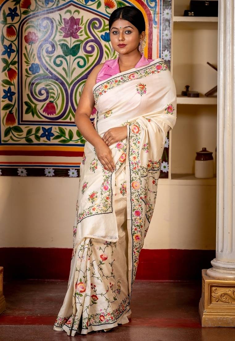 off white hand woven tussar kantha work all seasons sarees