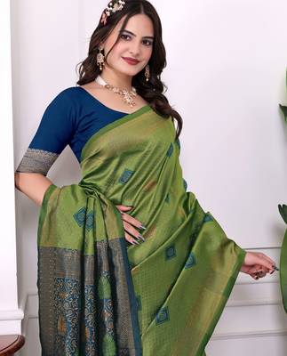 mahendi festive special traditional art silk blend woven saree 3