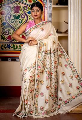 off white hand woven tussar kantha work all seasons sarees 2