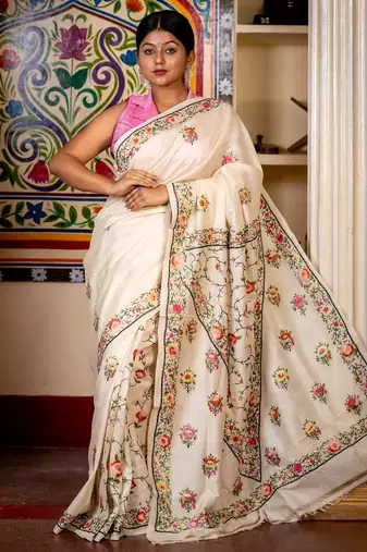 off white hand woven tussar kantha work all seasons sarees