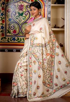 off white hand woven tussar kantha work all seasons sarees 3