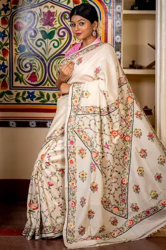 off white hand woven tussar kantha work all seasons sarees