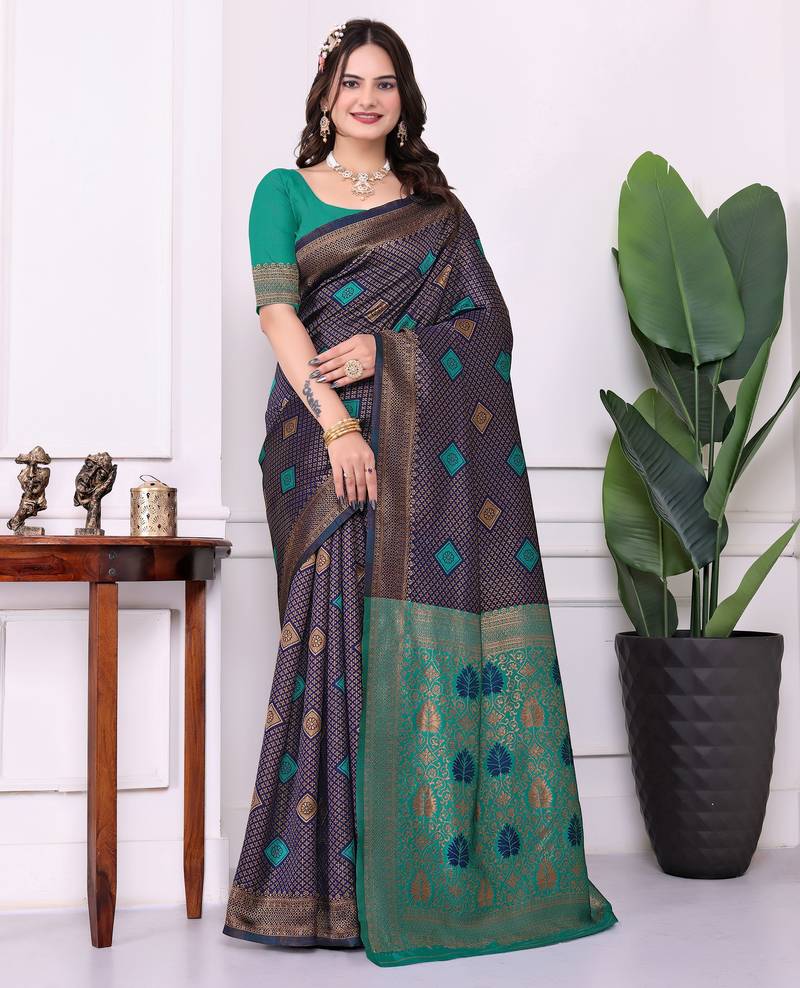 blue color festive special traditional art silk woven designer saree